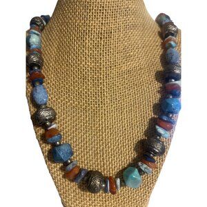 Handcrafted Chunky Beaded Necklace Natural Stones Ceramic Beads Silver Tone 28"